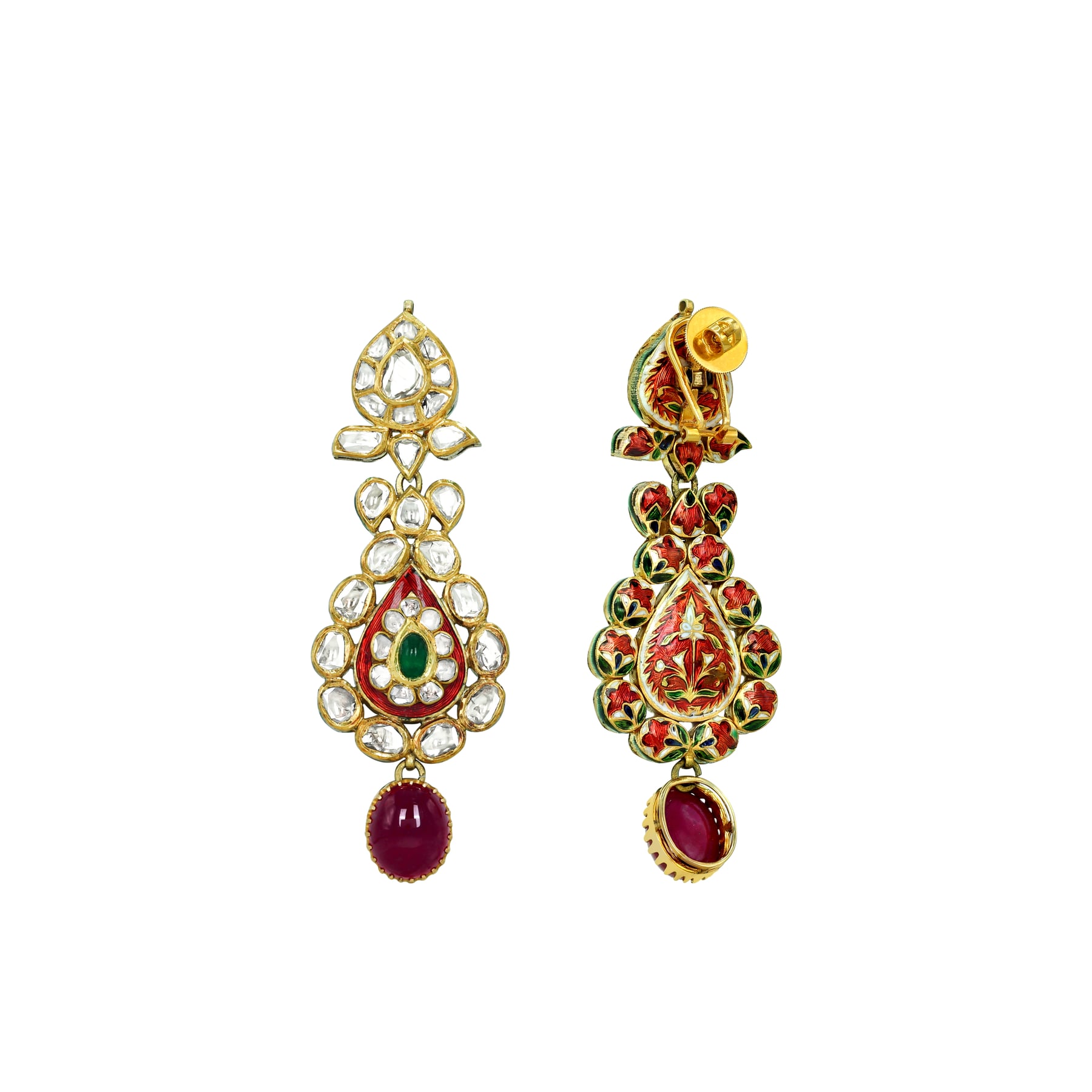 Polki Necklace Set with Emerald and Ruby Cabochons